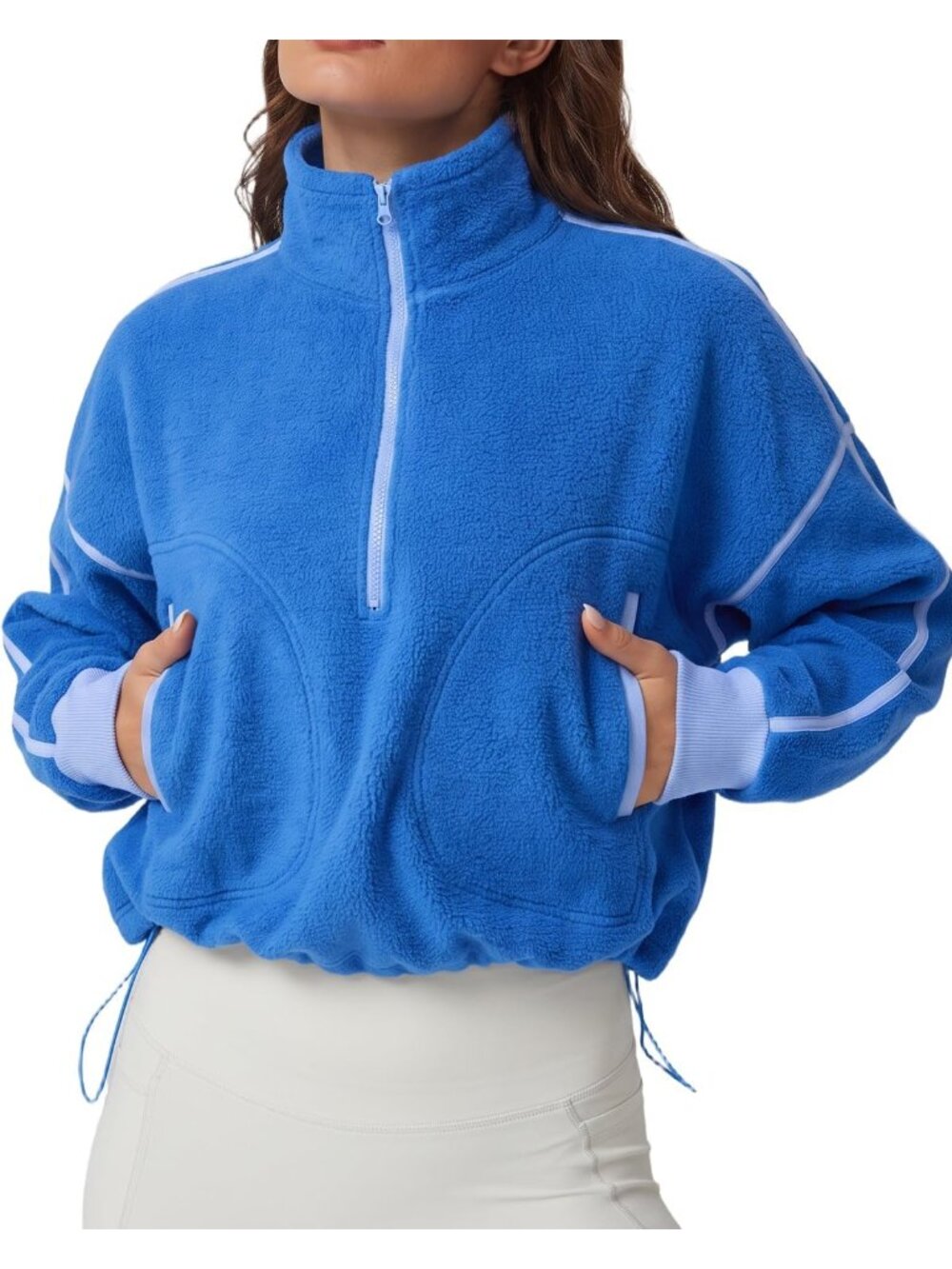Women's Blue Fleece Half-Zip Cropped Teddy Drawstring Hem Cozy Sherpa Sweatshirt